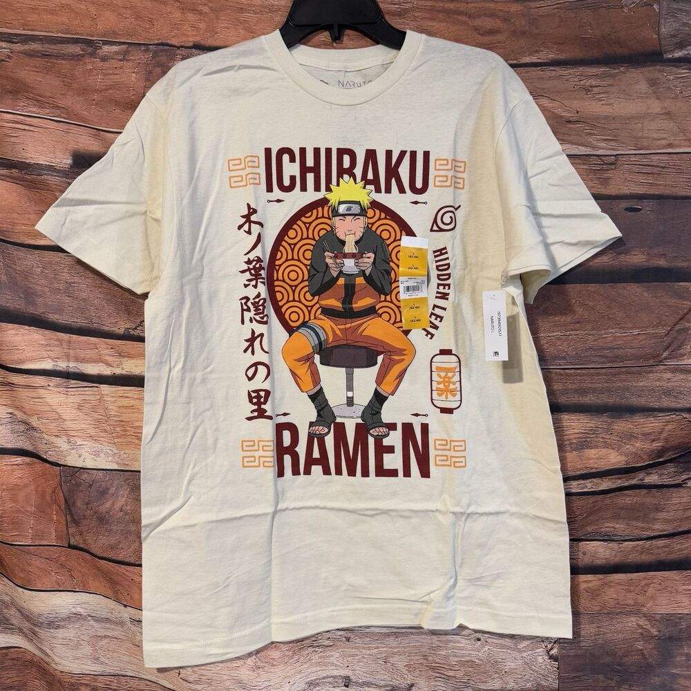 Naruto Ichiraku Ramen Men's Large Graphic T-Shirt Hidden Leaf Village Cream NWT